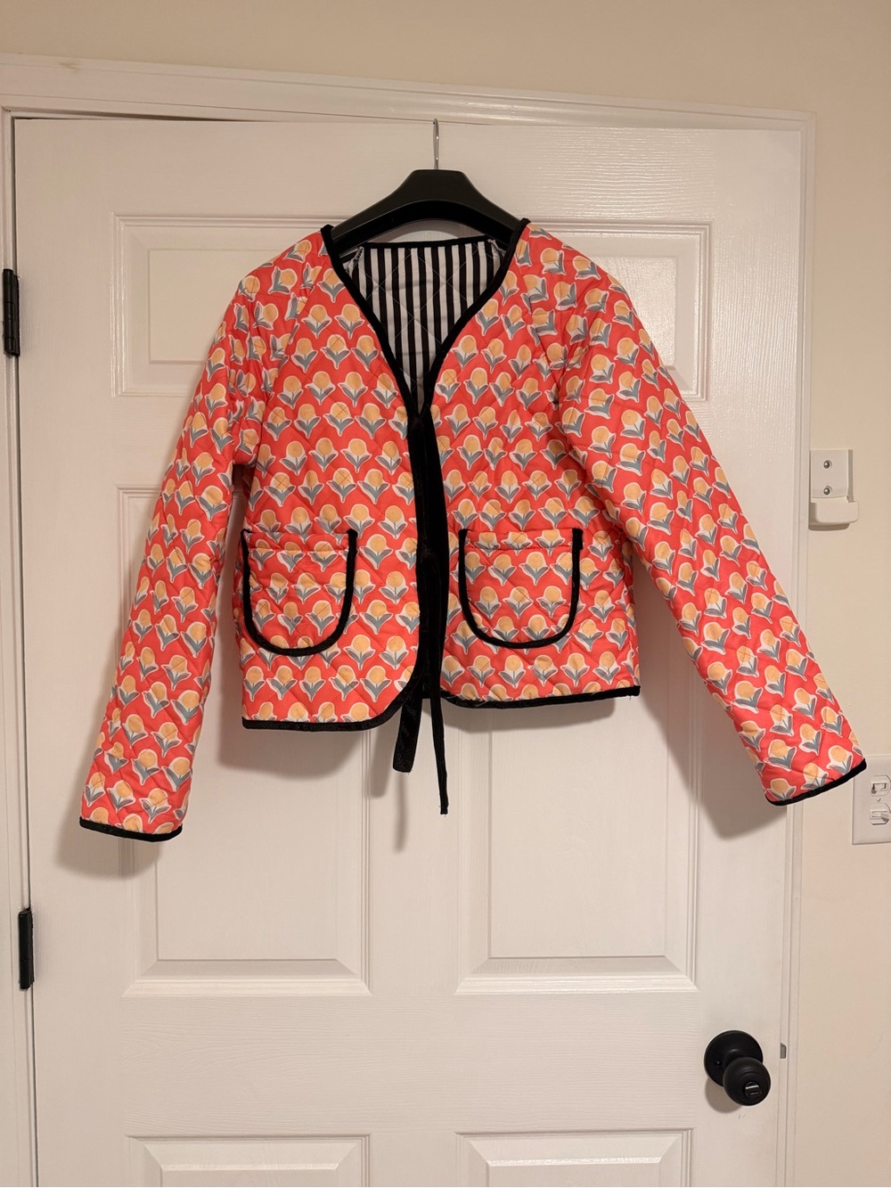 Quilted Floral Print Women's Jacket in Coral with Black Velvet Trim